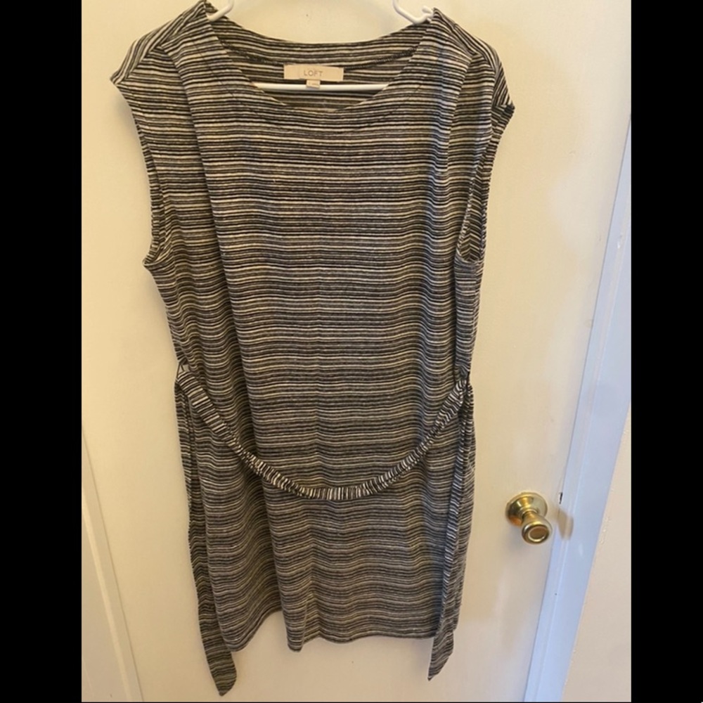 Black and white stripe Loft mini dress with tie belt